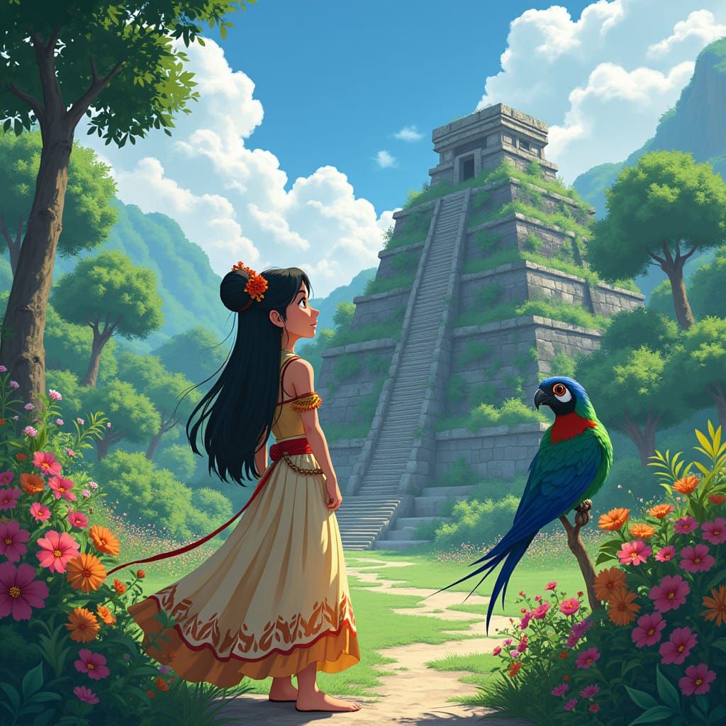 Mayan Princess Contemplates Quetzal Bird in Vibrant Temple S...