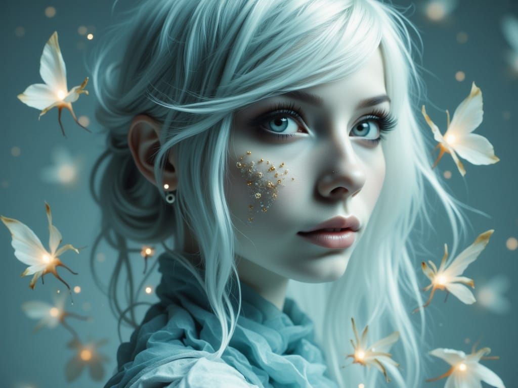 Ethereal Woman with Detailed Skin in Grey-Blue and Teal