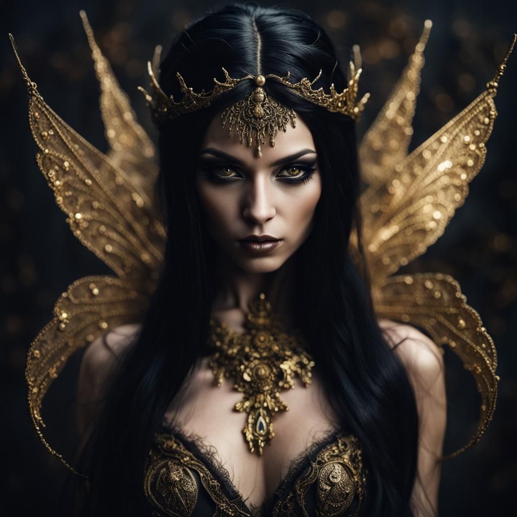 Sinister Dark Fairy Goddess with Golden Eyes