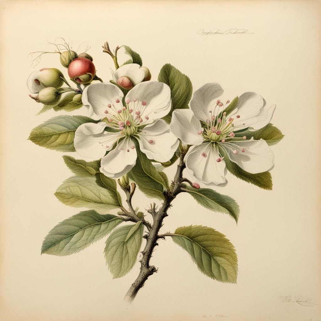 Botanical Ink Drawing of an Apple Blossom