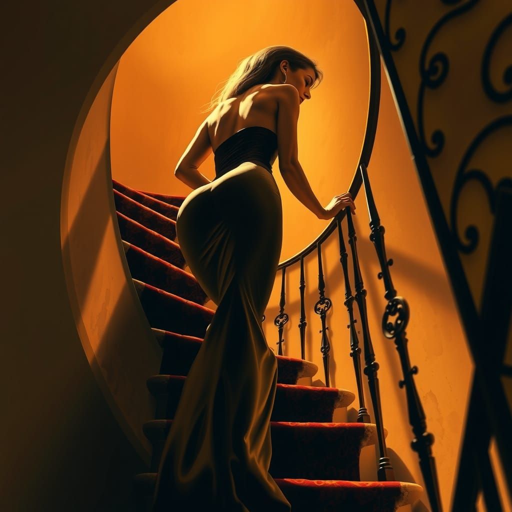Woman Climbing Stairs in Art Nouveau Style