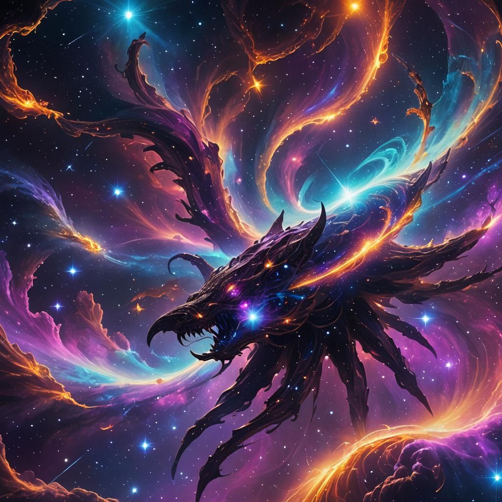 Mystical Cosmic Creature in Neon Starscape