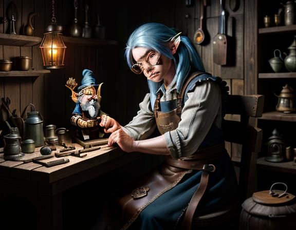 Gnome Repairs Automaton in Dark Fantasy Sketchbook Style