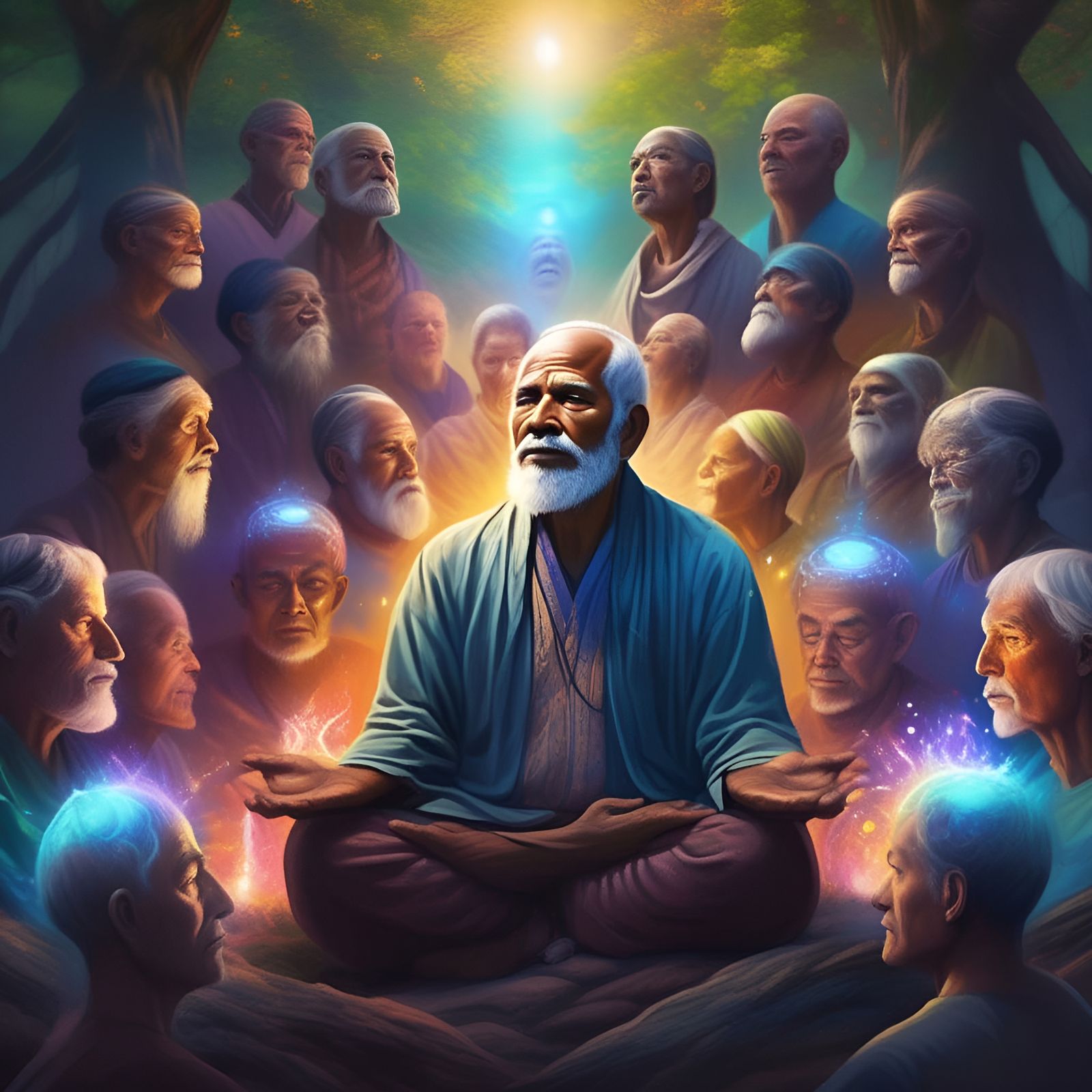 Man mediating in nature with a row of 20 glowing elders and ancestors behind him sending healing energy"