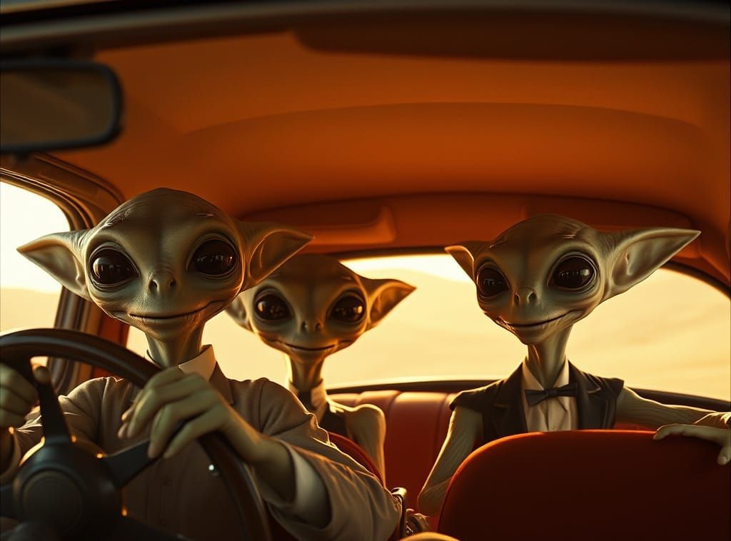 Alien Family Cruises Through the Cosmos in Vintage Ride