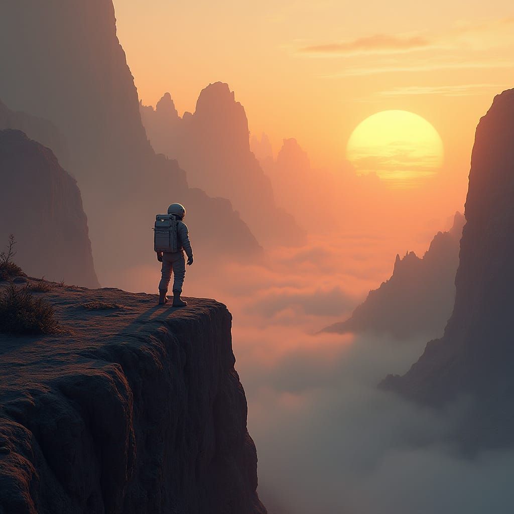 Astronaut Gazing at Alien Planet Sunrise