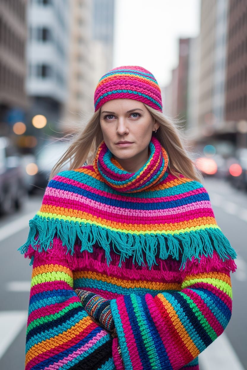 Fashionista in Electric Neon Yarn Bombing Dress