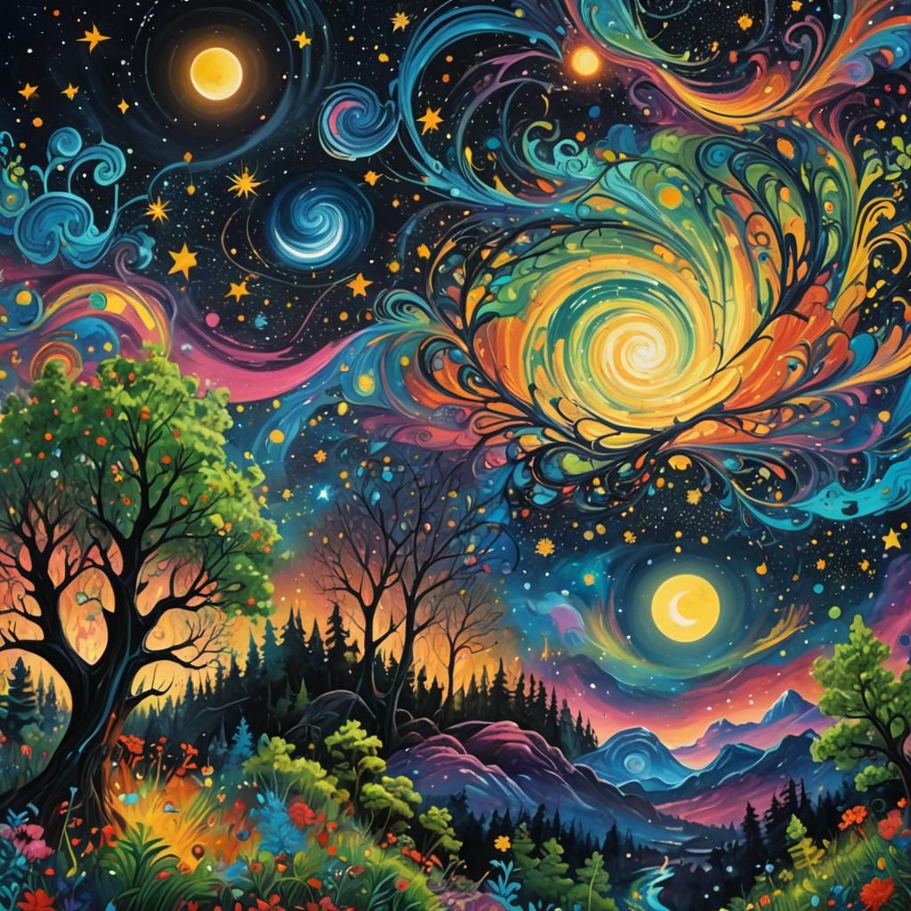 Cosmic Starry Night Forest in Graffiti Art Style