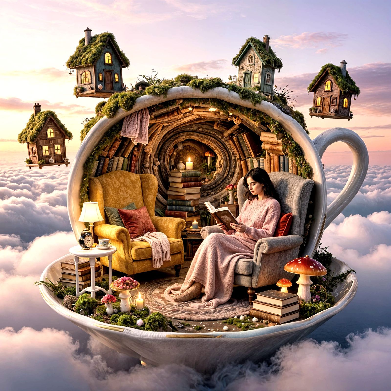 Magical Teacup Reading Sanctuary in Pastel Sunset Clouds