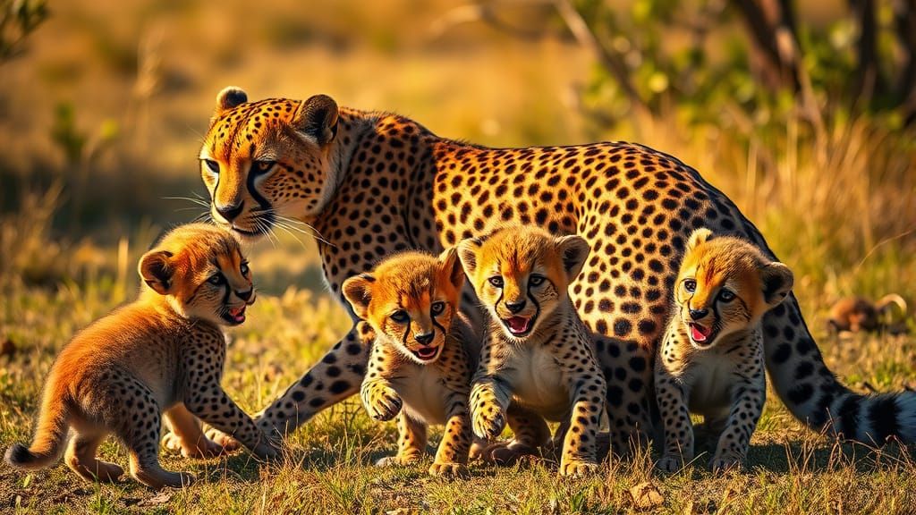 Cheetah Mother and Cubs in Golden Summer Light