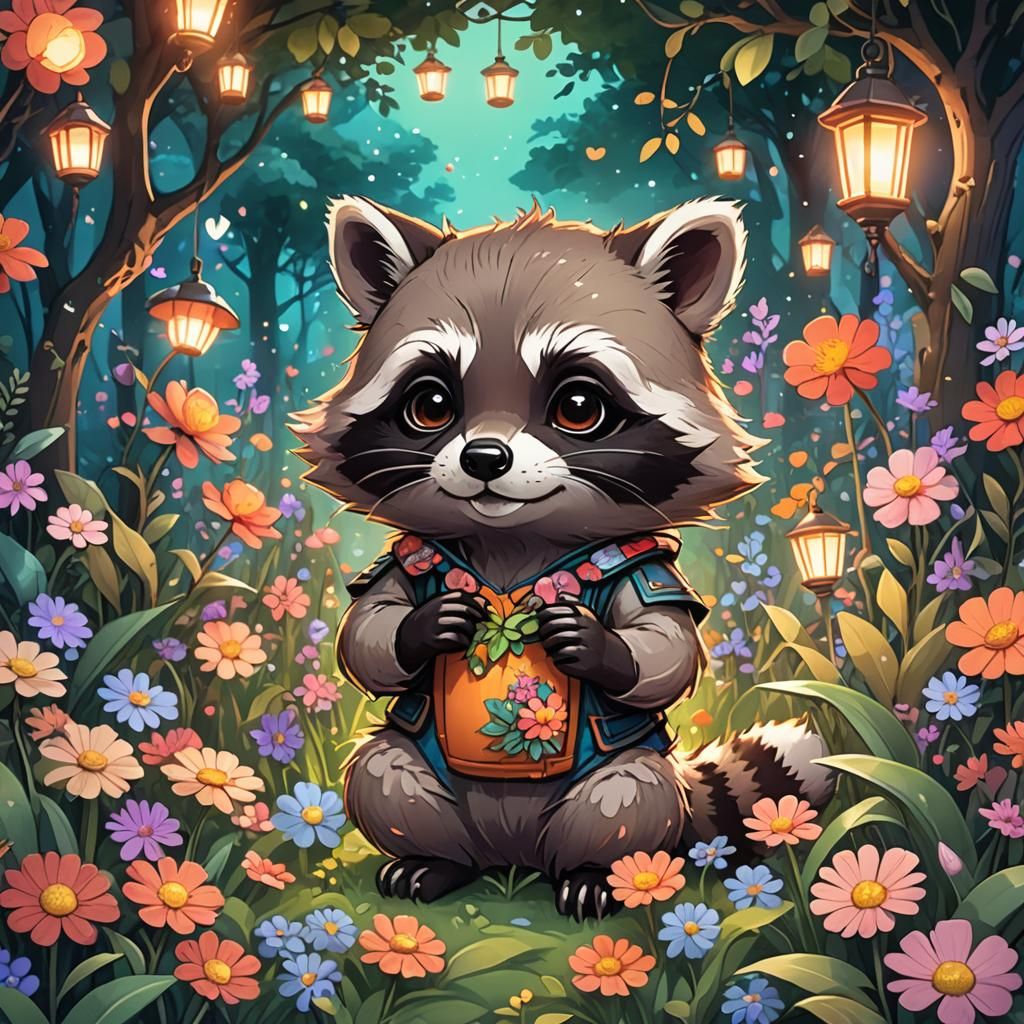Chibi Raccoon's Whimsical Anime Garden