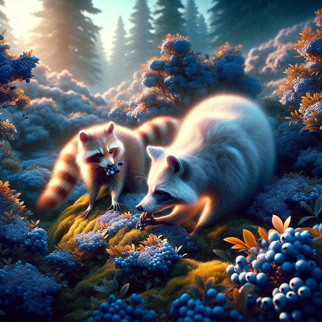 Raccoons Feasting on Blueberries in Picturesque Garden