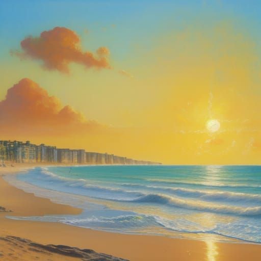 Vibrant Beach Scene in Neo-Impressionist Style