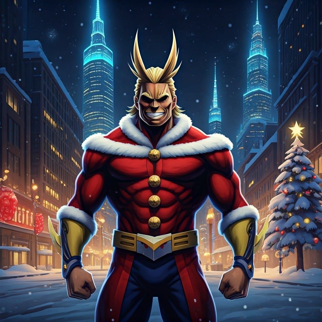 All Might as Santa in Anime-Style Christmas City