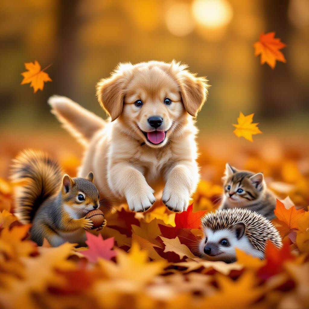 Golden Retriever Puppy Jumps Into Autumn Leaves With Squirre...