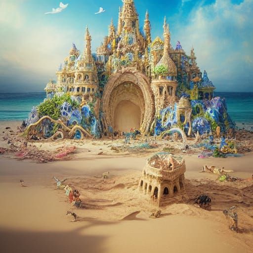 Baroque Sandcastle on Tropical Beach, Detailed Digital Art