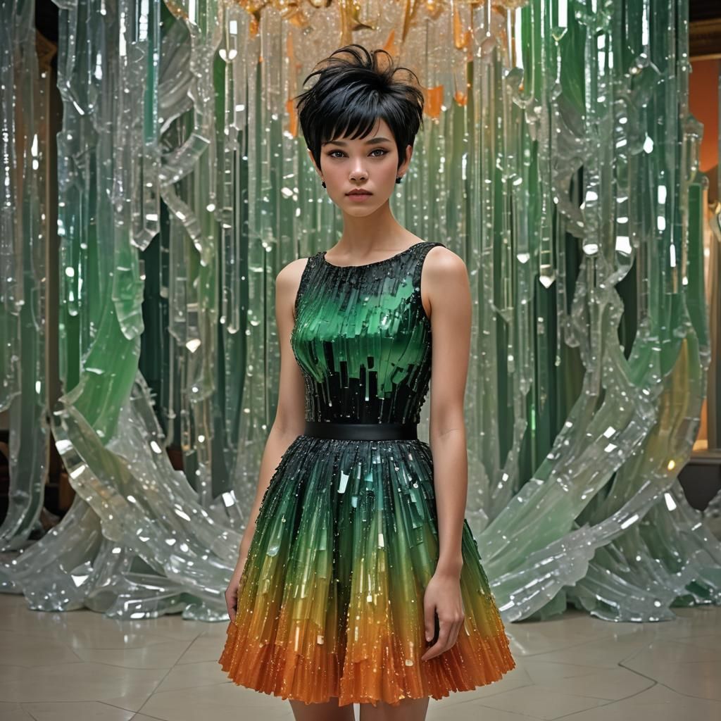 Woman in Crystal Dress in Ballroom, Hyperrealistic