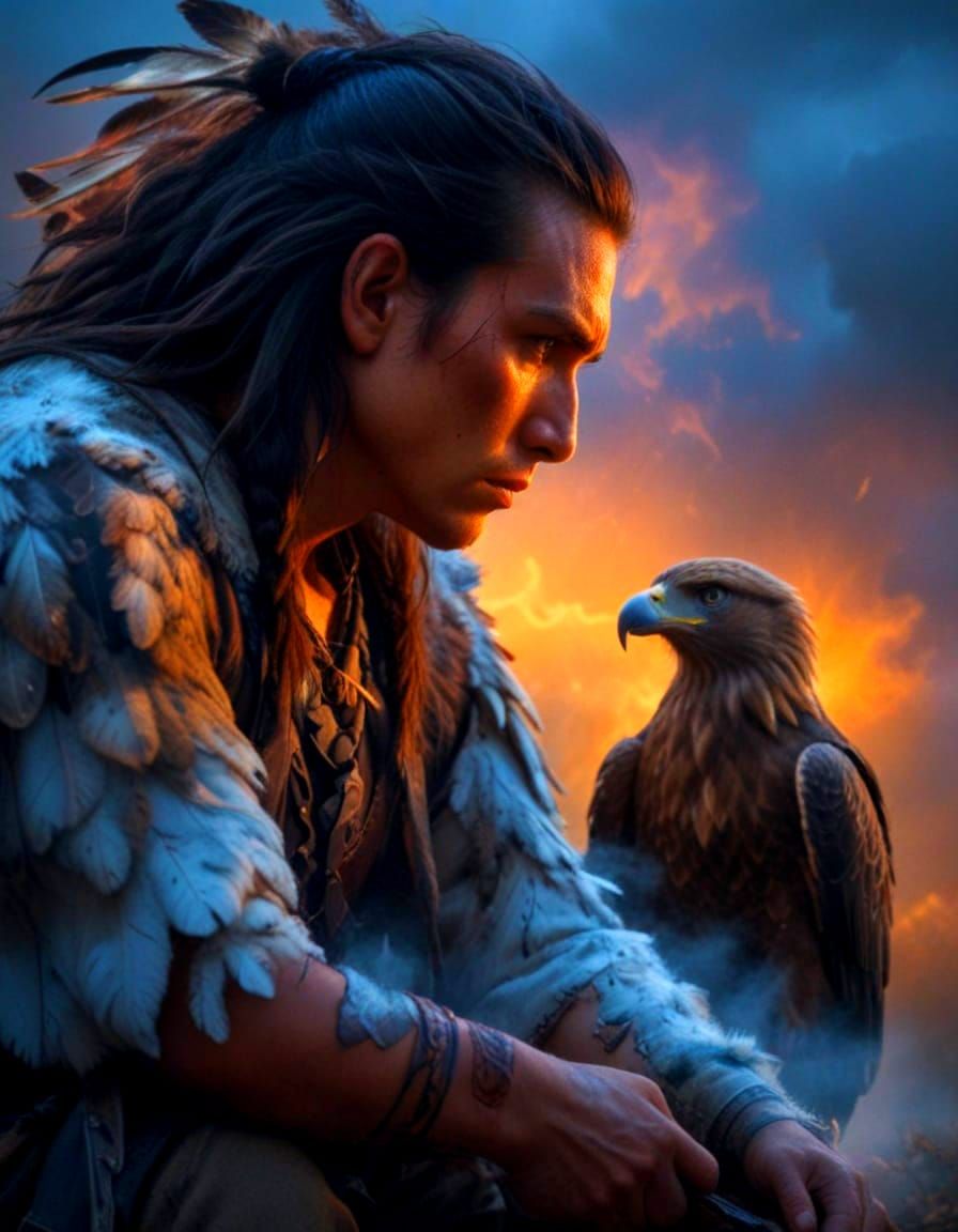 Native American Warrior in Spiritual Connection with Golden ...