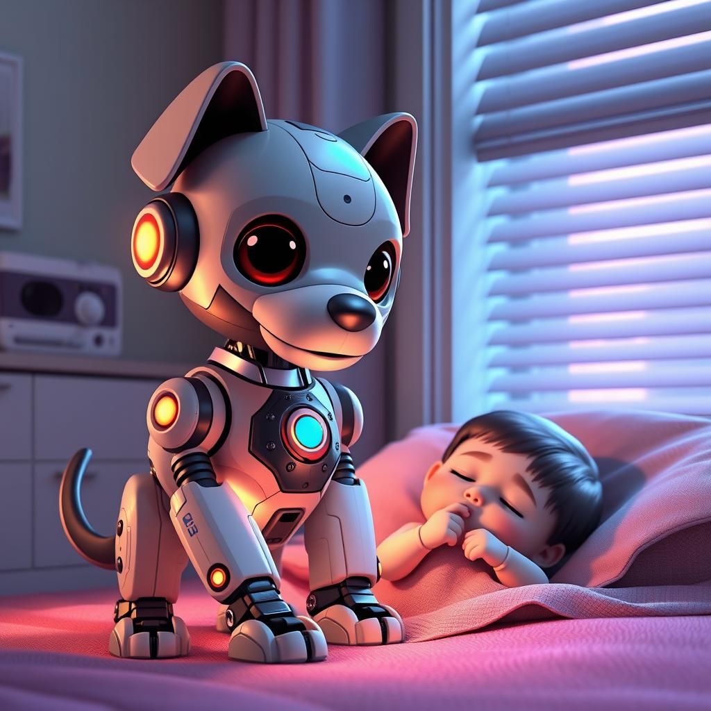 Adorable Pixar-Style Cyborg Dog Protects Baby