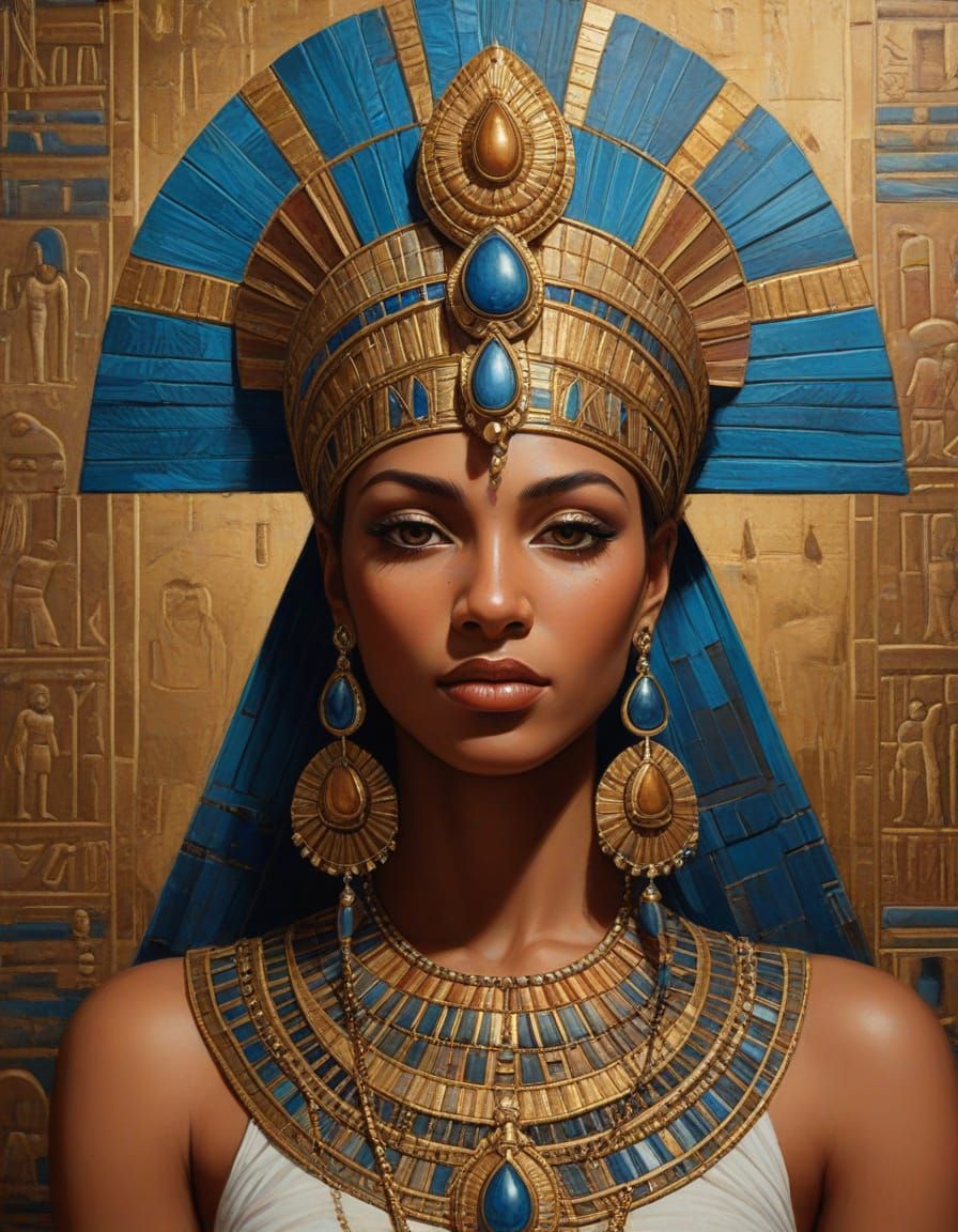 Egyptian Queen in Regal Pose with Gold Headdress