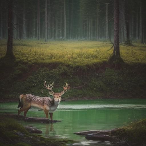 Deer at Lake with Wolves Howling in Grief