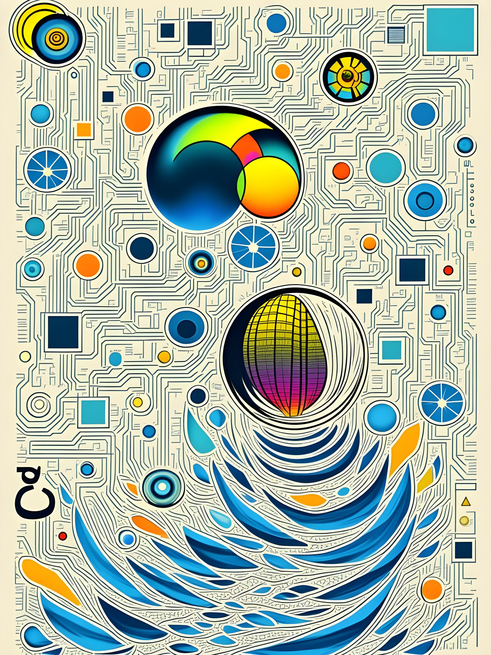 Abstract Circuit Board with Flowing River and Glyphs