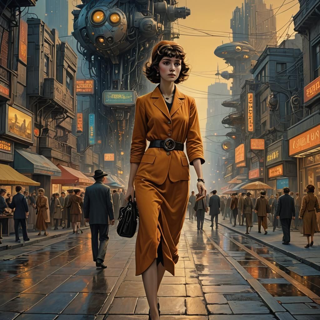 Vintage Woman in Futuristic City, Realistic Concept Art