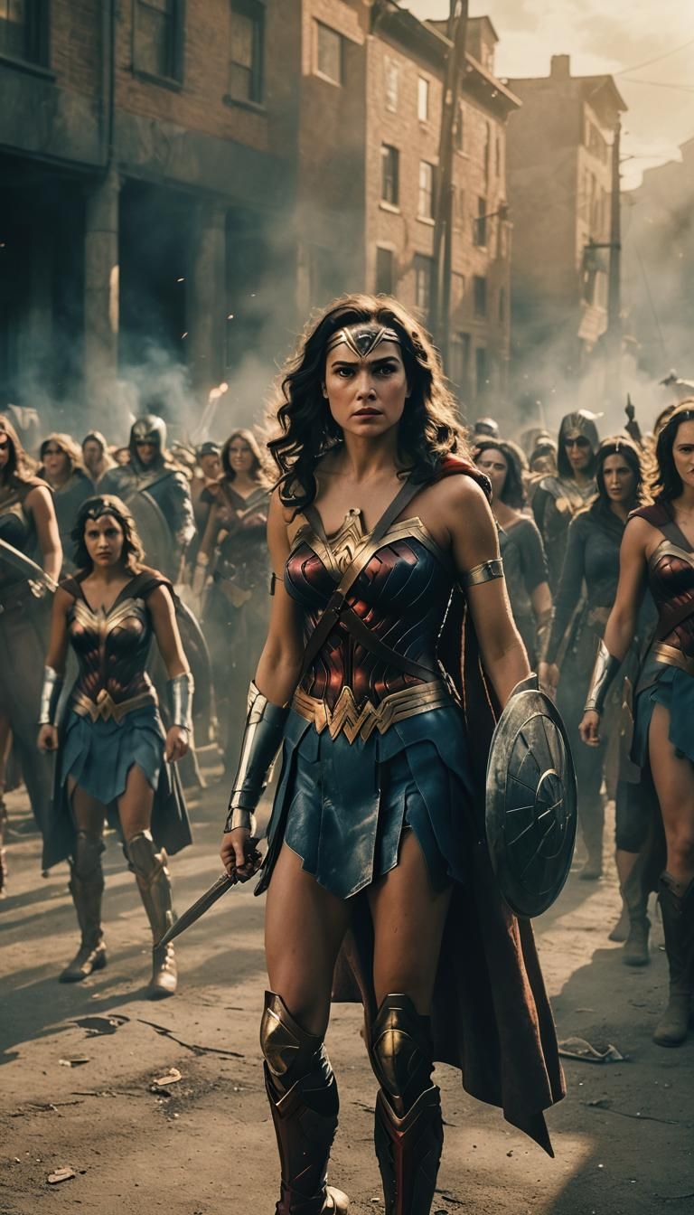 Cinematic Wonder Woman in Costume with Film Grain