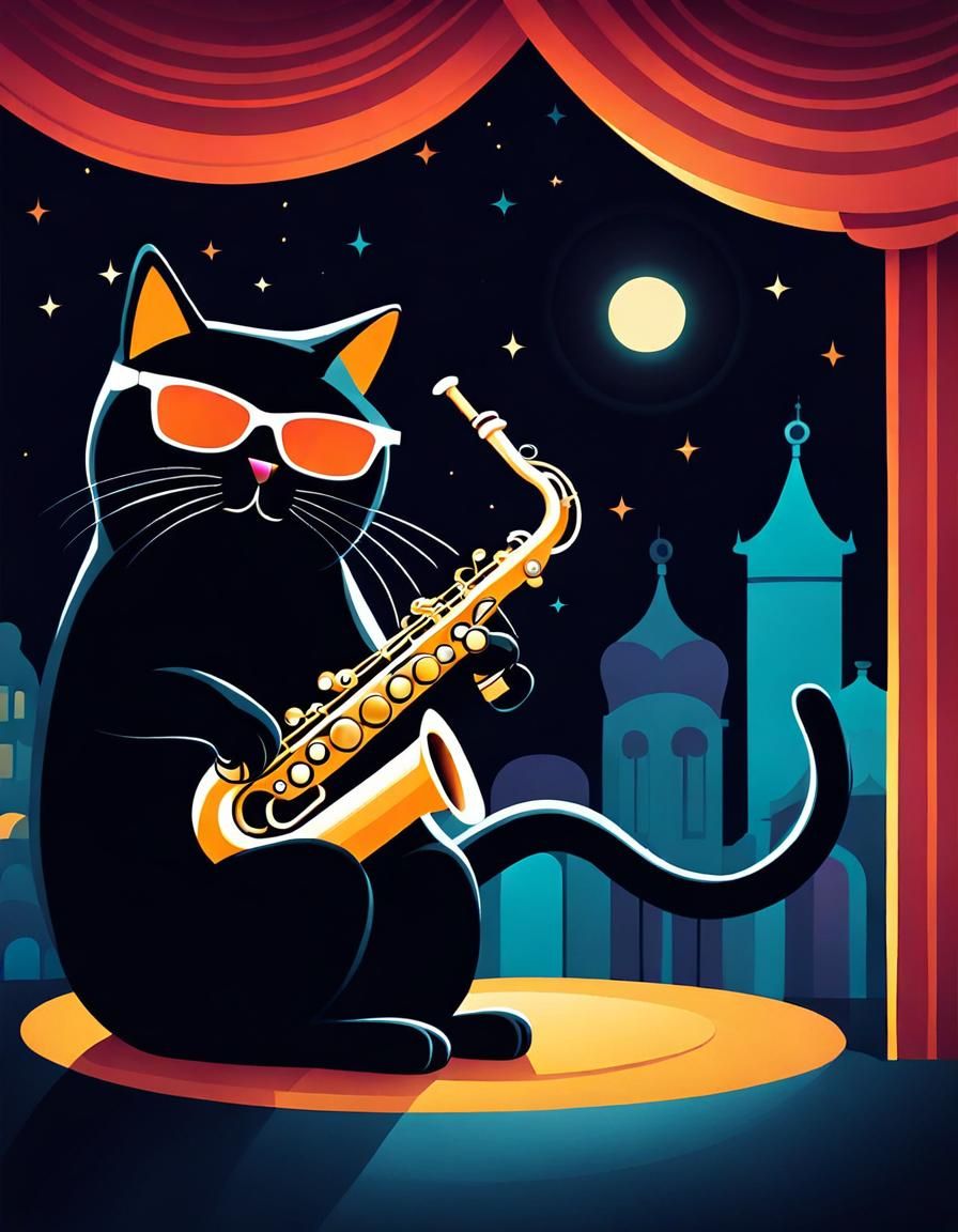 Cool Cat Saxophonist on Smoky Stage