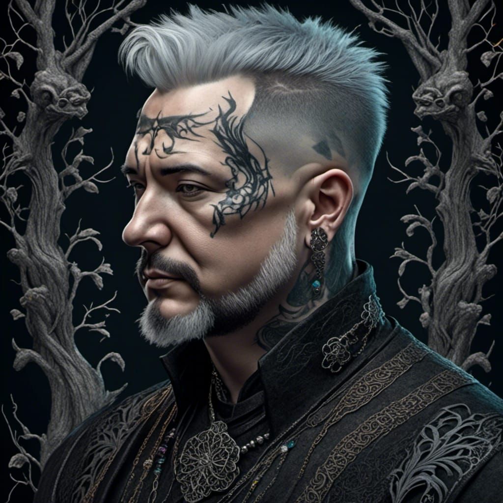 Gothic Portrait of Man with Tattoos in Pastel Colors