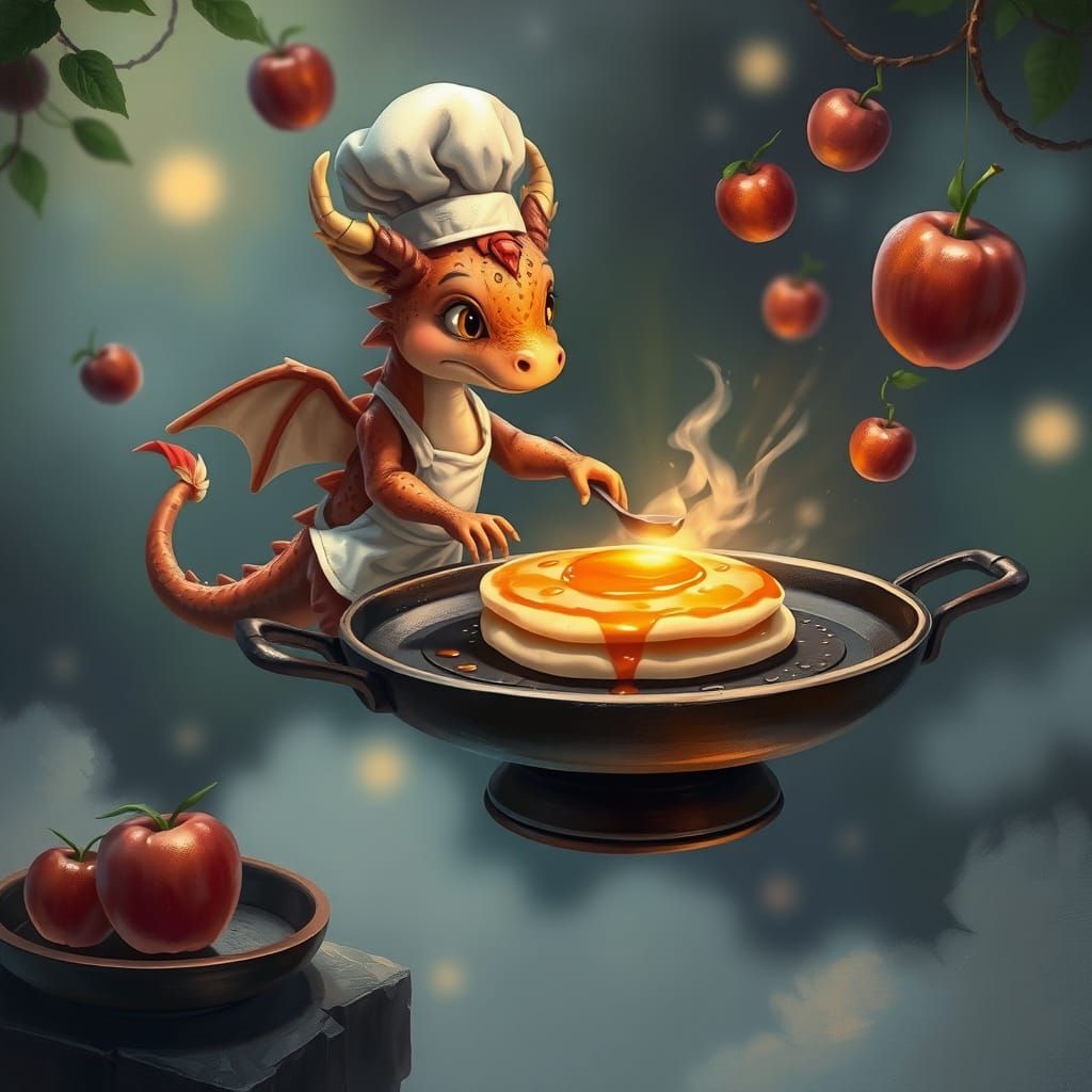 Dragon Chef Cooks Pancakes in Whimsical Fantasy Art