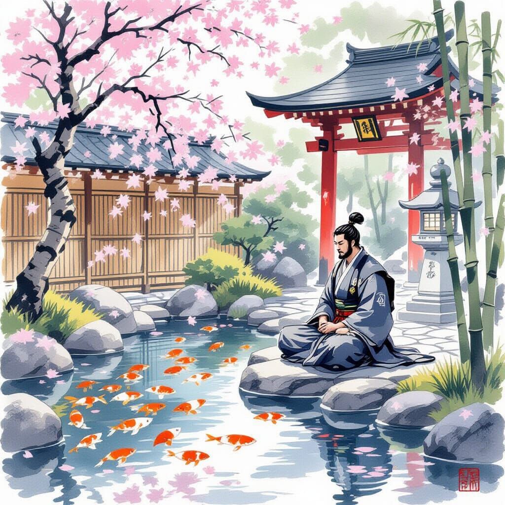 Samurai Meditating in Ukiyo-e Japanese Garden
