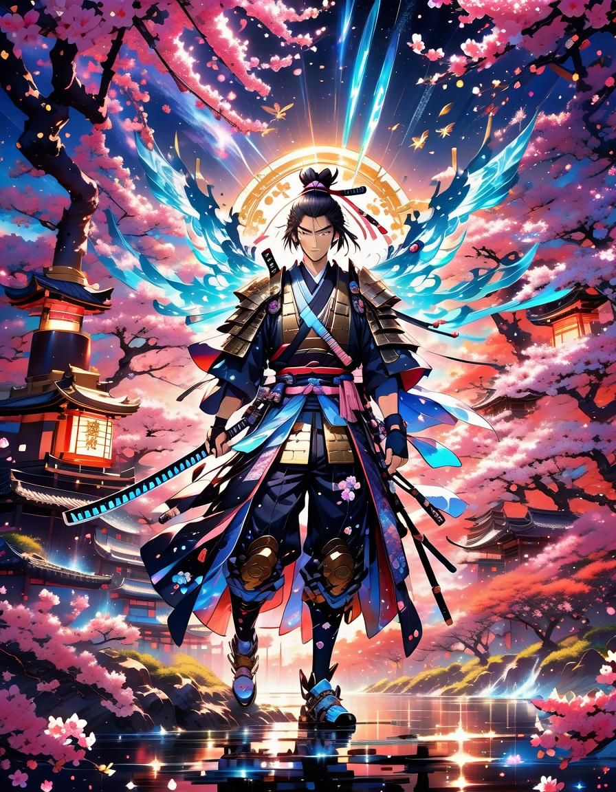 Heroic Samurai with Glowing Katana in Anime Style