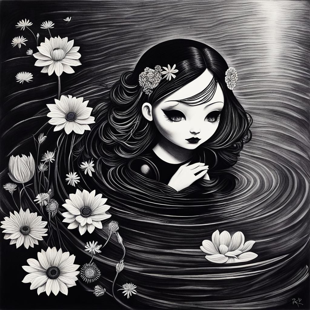 Surreal Crayon Drawing: Chibi Goth Woman in Black Water