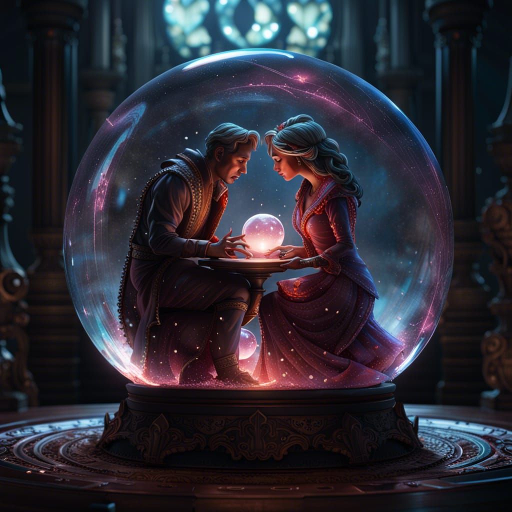 Kissing Couple in Crystal Ball, Fantasy Art
