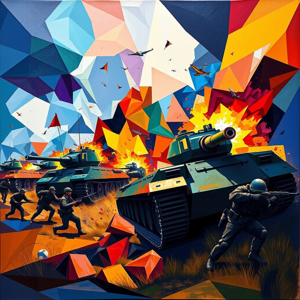 Vibrant Cubist Battle Scene with Tanks and Soldiers