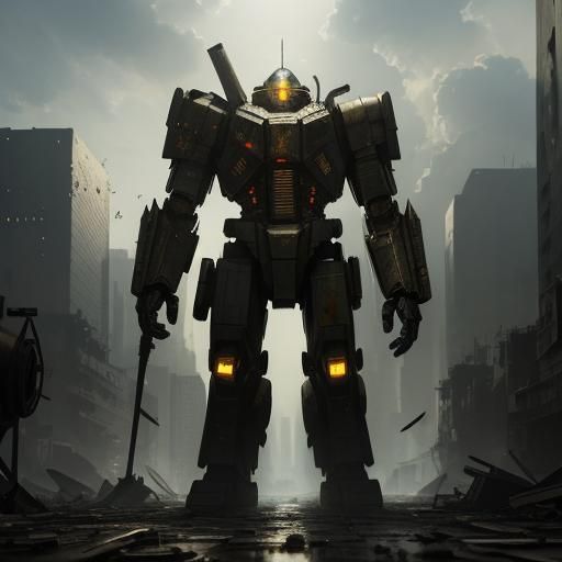 Giant Mobile Armor in Ruined Cityscape