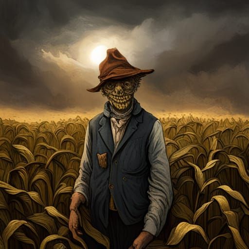 Terrifying Scarecrow in Cornfield: Dark Horror Illustration