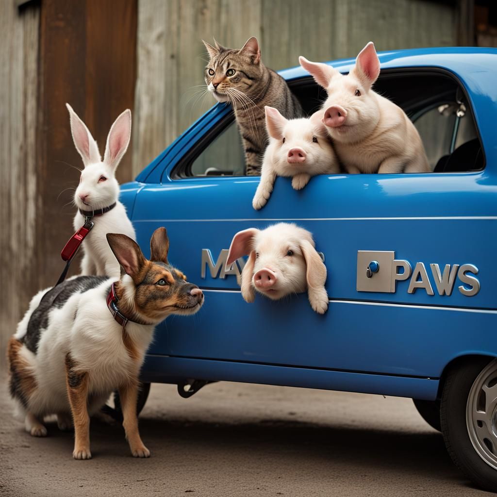 Animals Driving Blue Car Portrait