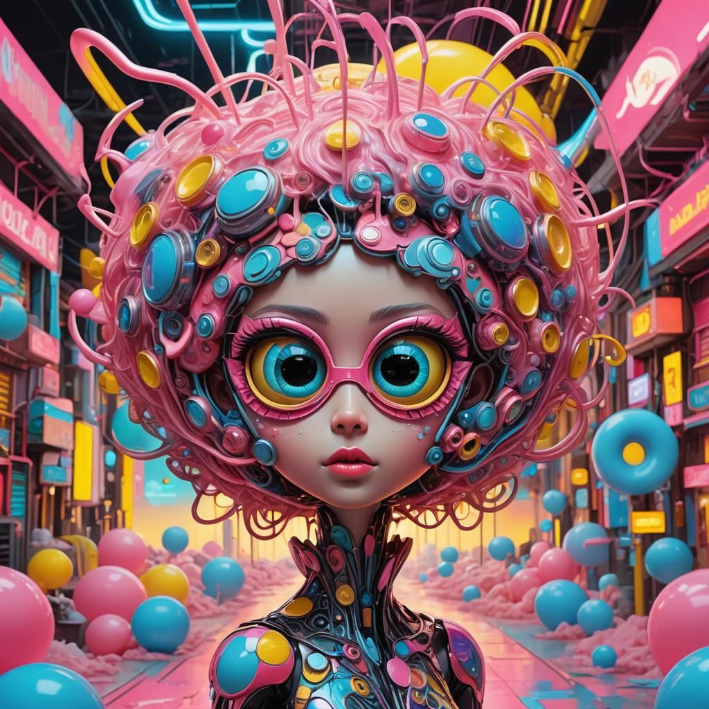 Whimsical Creature in Neon Sci-Fi Landscape