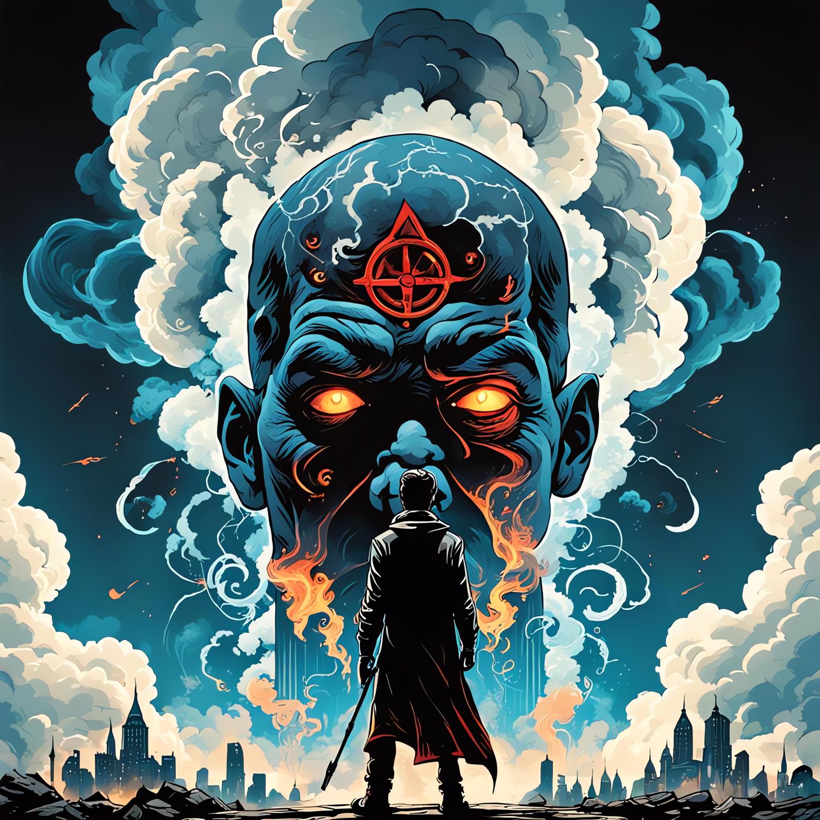 Protagonist Hidden in Smoke with Pop Culture Elements