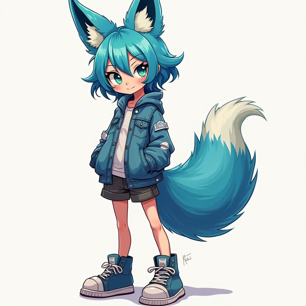 Vibrant Teenager with Blue Fox Features in Anime-Inspired Il...
