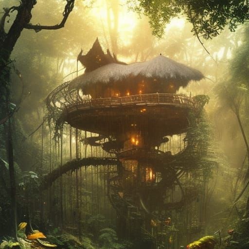 Epic Elf Treehouse in Hyperdetailed Jungle