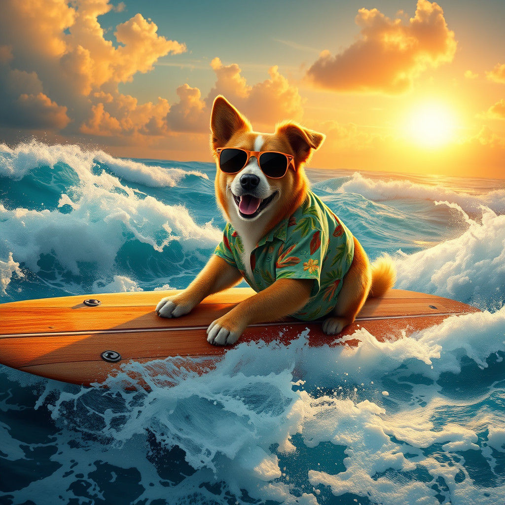 Dog Surfing in Hawaiian Shirt, Digital Matte Painting