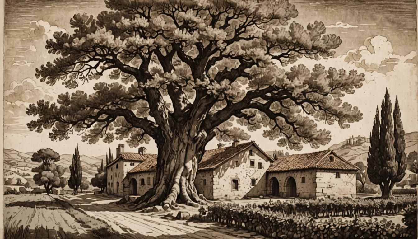 17th Century Etching of Ancient Chestnut Tree