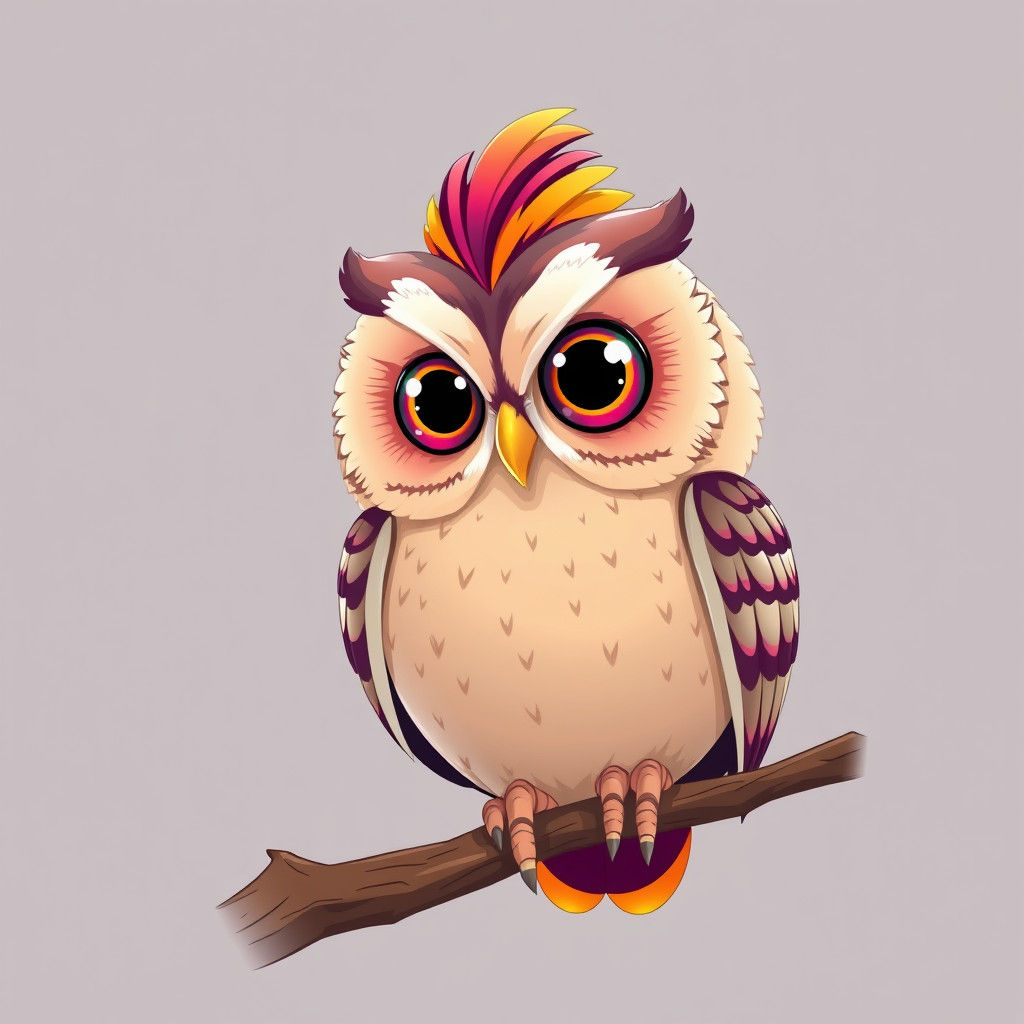 Adorable Owl with Multicolored Crest in Comic Style