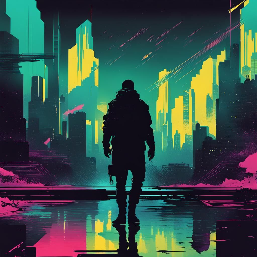 Cyberpunk Book Cover Art with Silhouette and Glitch