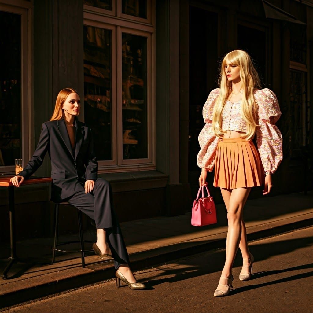 Confident Woman Catcalls Crossdressing Man in Outdoor Bar Sc...