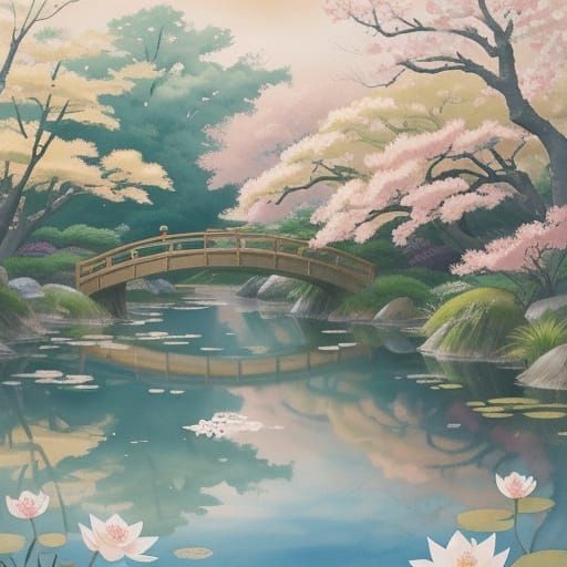 Japanese Girl at Pond in Dreamy Watercolor Style