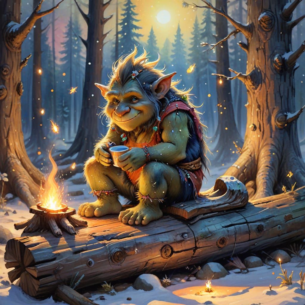 Cozy Winter Troll in Watercolor Style